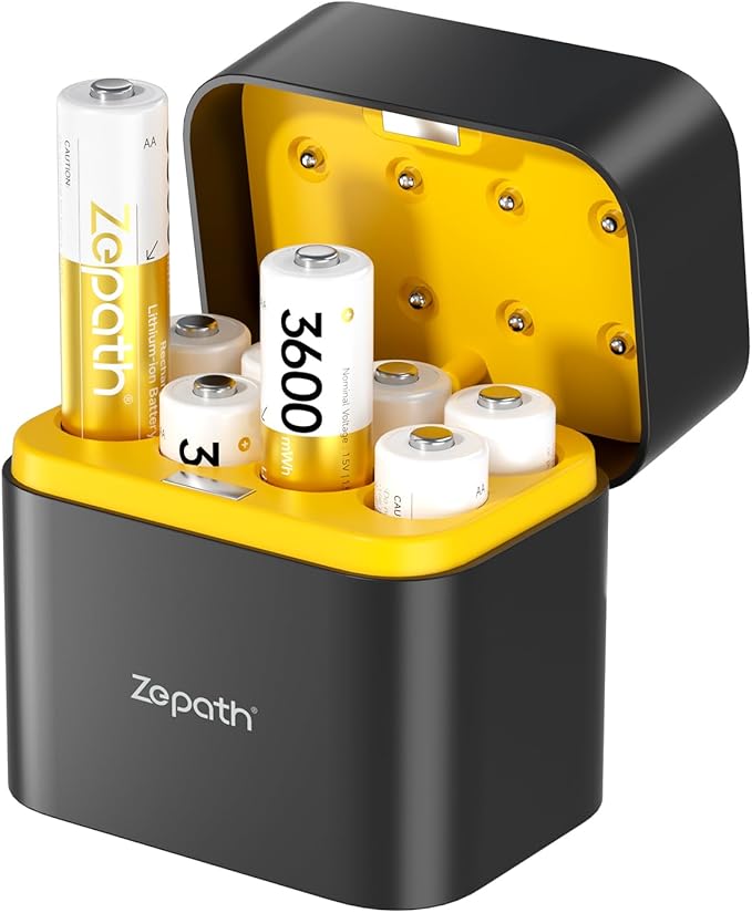 N/A Zepath 8x AA wiederaufladbare Lithium Akkus mit Ladegerät 2024, 3600mWh hohe Kapazität, 1.5V AA Batterien mit integrierter Charging-Aufbewah