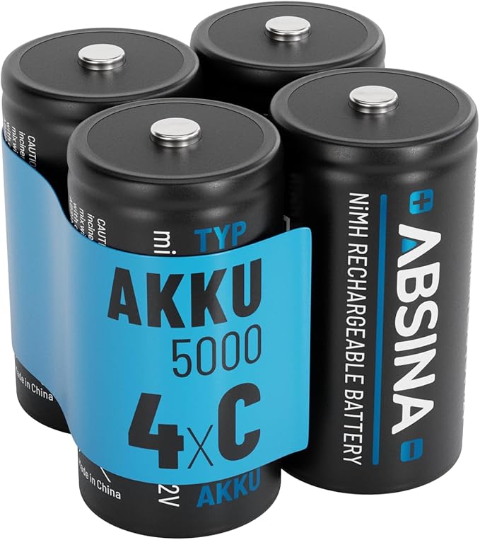 ABSINA Baby C Akku Batterien wiederaufladbar 4x 5000 mAh NiMH 1,2V LR14 für hohen Strombedarf