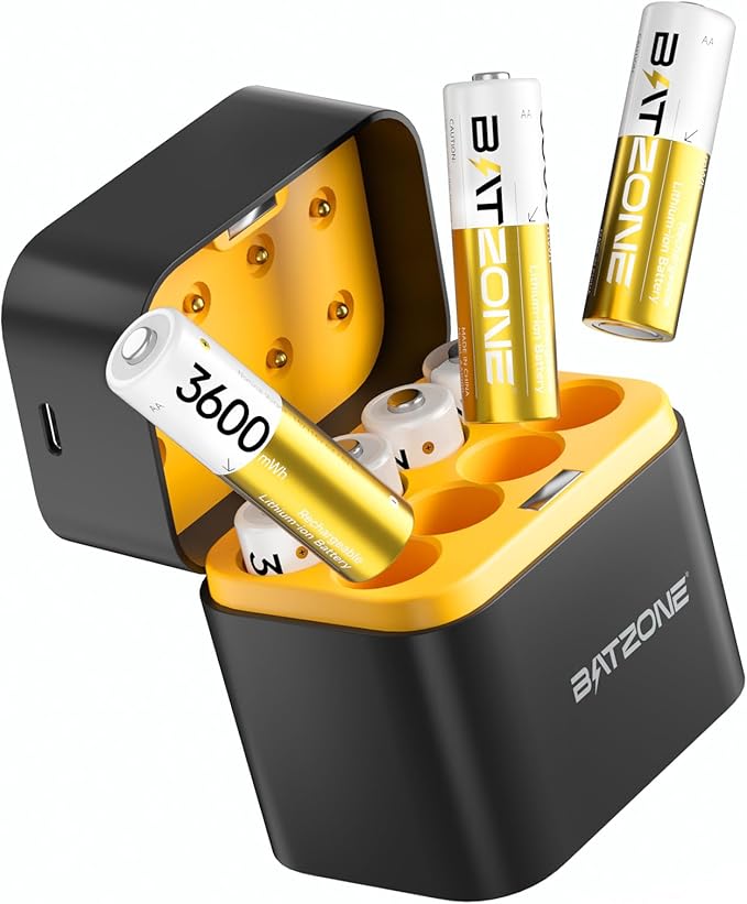 N/A BATZONE 8er-Pack AA Lithium-Akkus mit Ladegerät, 3600mWh hohe Kapazität, 1.5V wiederaufladbare Batterien mit integrierter Ladebox