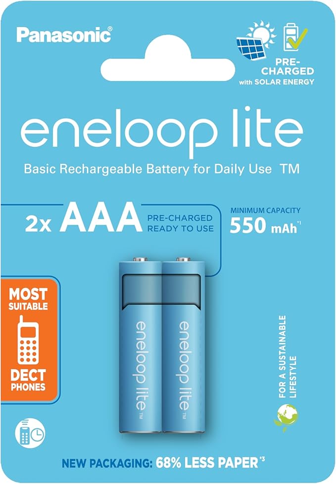 Panasonic Energy Europe Panasonic eneloop lite AAA Micro Ni-MH Akku 2er-Pack, 550 mAh, 3000x wiederaufladbar, Ready-to-Use, plastikfreie Verpackung