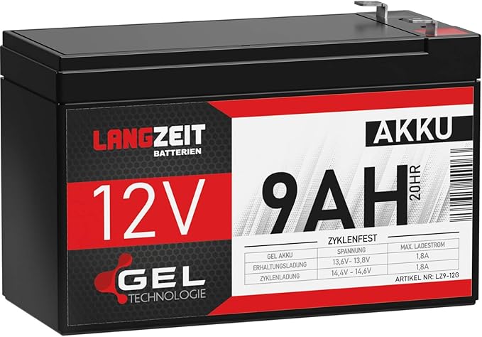 LANGZEIT Batterien Akku 12V 9Ah Gel Profi Blei-Akku extrem zyklenfest auslaufsicher ersetzt 7Ah 7,2Ah 7,5Ah – LZ9-12G