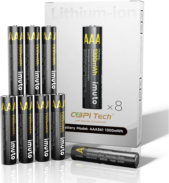 imuto AAA Lithium Akkus 8-Pack, 1300mWh hohe Kapazität, 1.5V wiederaufladbare Batterien – 1300-IMU8AAA