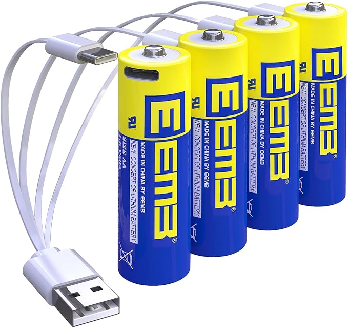 EEMB Lithium Batterie AA,Wiederaufladbare 1,5v Batterien AA USB Lithium ionen Akku 2600 mWh mit 4 in 1 Typ C Ladekabel, Schnellladung in 2 Stunden【4 Stück】