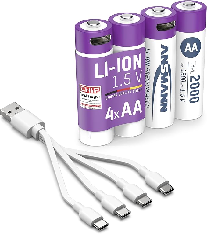 ANSMANN Akku Mignon AA Typ-C Anschluss Li-Ion 1800mAh 1,5V, 4 Stück, wiederaufladbar, ideal für Fernbedienung, Controller, Spielzeug, Funkgerät