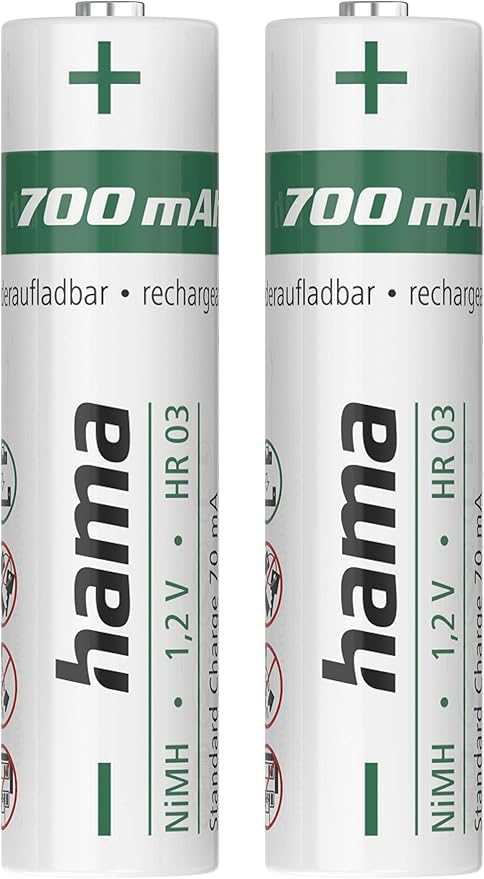 Hama AAA Akkus 700 mAh (2er Pack) wiederaufladbar, NiMH, 1,2 V, geringe Selbstentladung für Fernbedienung, Telefon – 00223525