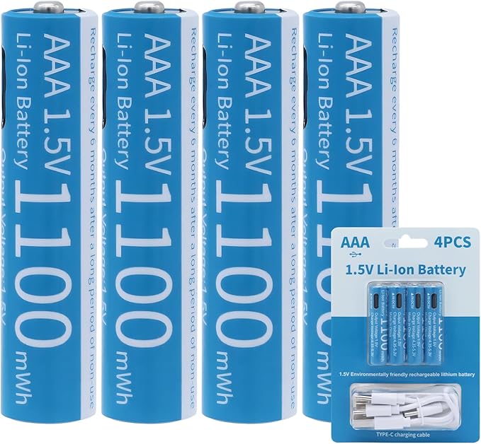 Tosiicop AAA Akku Lithium 1.5V 1100mWh USB-C wiederaufladbar - 4 Stück mit 4-in-1 Ladekabel, 1h Schnellladung, 1500 Zyklen