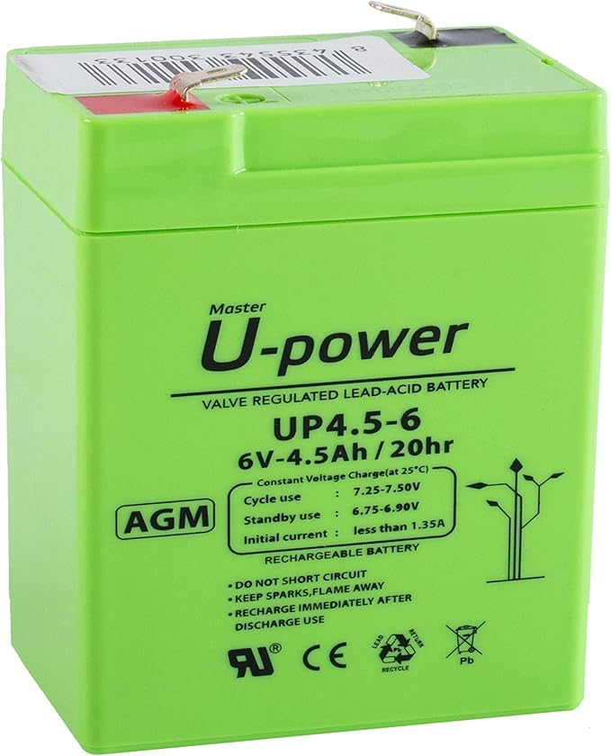 Master U-Power AGM-Blei-Säure-Batterie 4.5Ah 6V wartungsfrei mit Faston F1 4.8mm für Notfall- und Alarmsysteme