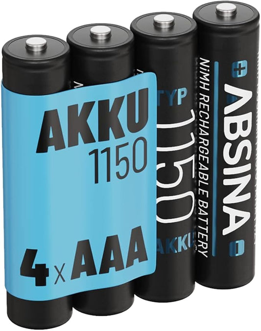 ABSINA AAA Akku 1150 NiMH 4er Pack, 1,2V min. 1050 mAh, wiederaufladbar für DECT Telefon & Geräte mit hohem Stromverbrauch – 401002-4