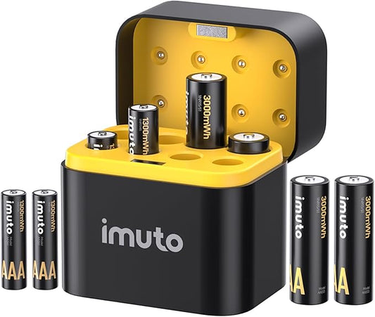 imuto AA1000 1,5V Lithium Akku-Set (4x AA + 4x AAA) mit Smart Ladecase – 3000mWh/1300mWh, 1600 Ladezyklen, USB-C Schnellladung