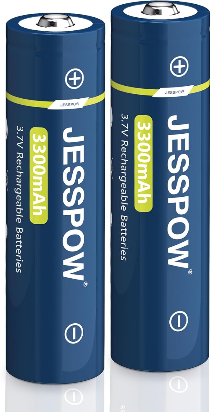 JESSPOW 3,7V 3300mAh Akku 2er-Pack Button-Top für Taschenlampen, Stirnlampen, ferngesteuerte Autos (2025)