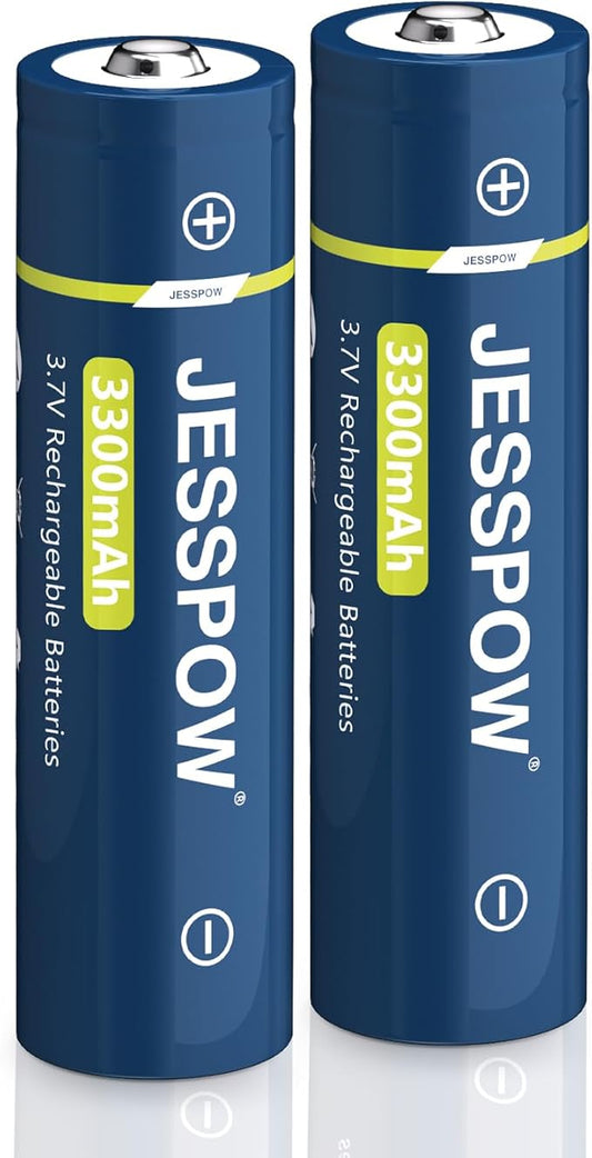 JESSPOW 3,7V 3300mAh Akku 2er-Pack Button-Top für Taschenlampen, Stirnlampen, ferngesteuerte Autos (2025)