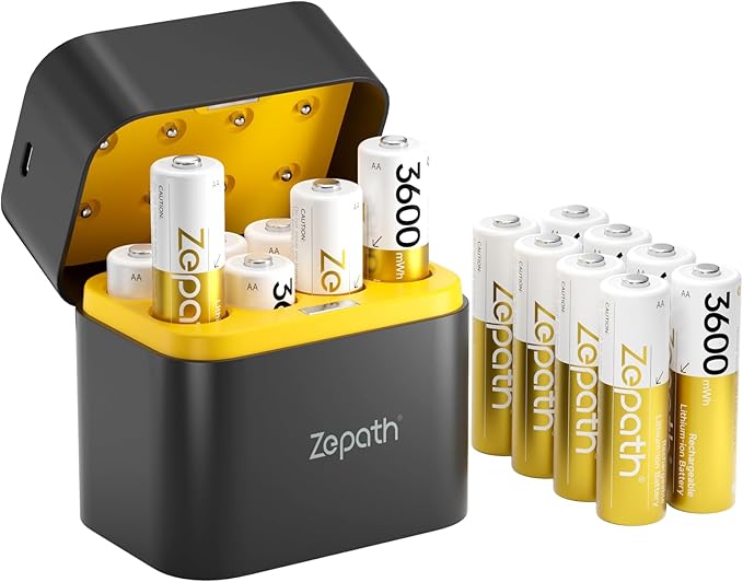 BATZONE 2024 AA Lithium Akkus 16er-Pack mit Ladegerät, 3600mWh hohe Kapazität, 1.5V wiederaufladbare Batterien mit USB-C Ladebox