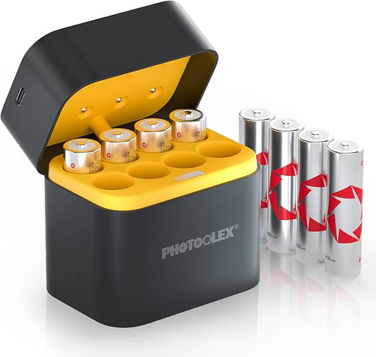 PHOTOOLEX AA Lithium Akkus 8er-Pack mit Ladegerät, 3600mWh, 1.5V Konstantspannung, 3A Entladung, Ladebox