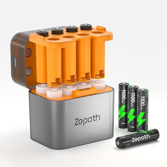 Zepath 2024 Hybrid Ladegerät mit 8x AAA Akkus 1100mAh, Typ-C, LED-Anzeige, Aufbewahrungsbox für AA/AAA Ni-MH/Li-Ion