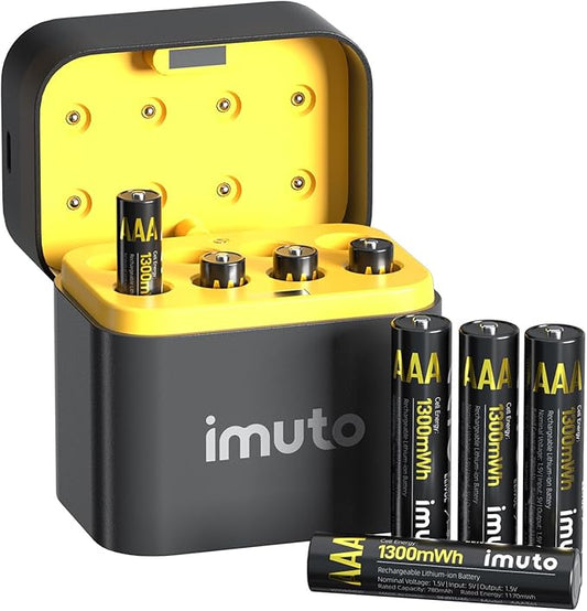imuto AAA Akkus 8er-Pack 2024 mit Ladegerät, 1300mWh Lithium wiederaufladbar, 2500 Ladezyklen, USB-C Ladebox