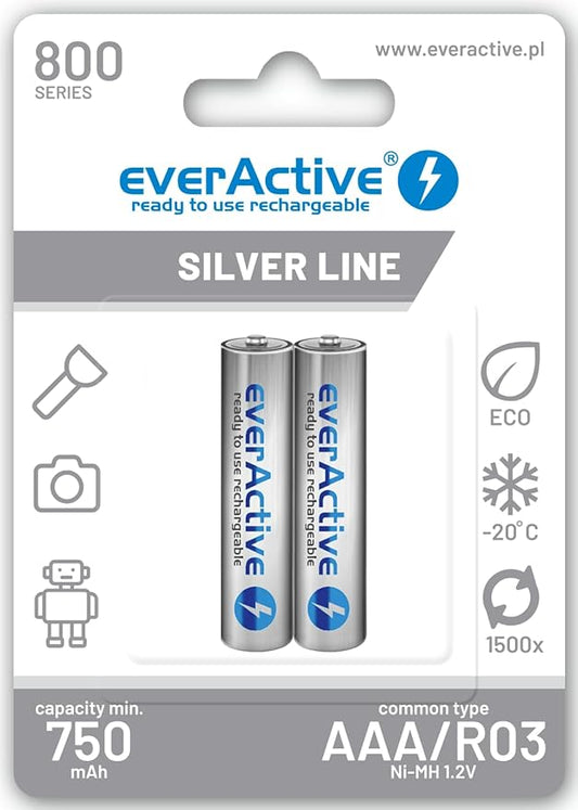 everActive AAA Akku 800 mAh 2er Pack, NI-MH Micro R03 wiederaufladbar vorgeladen 1.2V Silver Line – NIMH