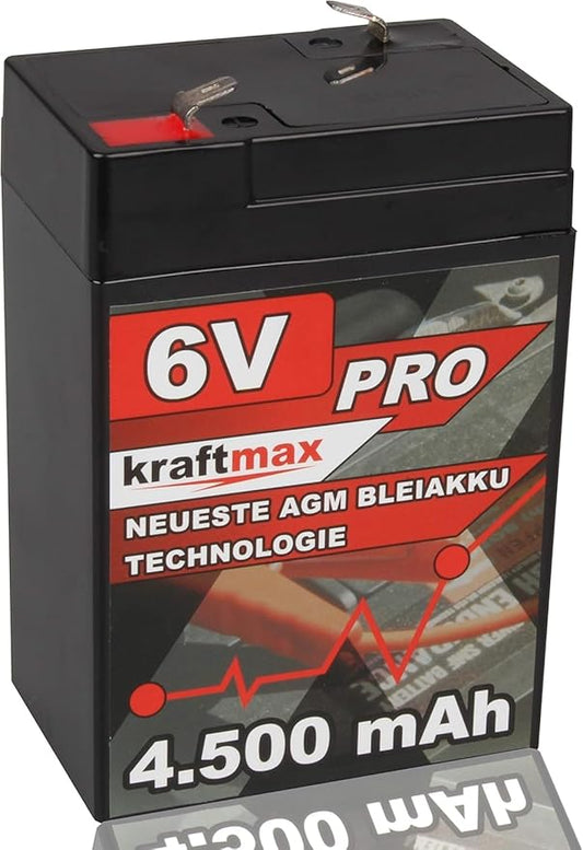 Kraftmax Industrial Pro Bleiakku 6V 4,5Ah AGM Hochleistungsakku 2019 mit Faston 4,8mm