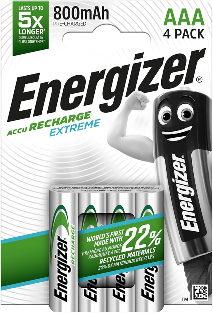 Energizer Recharge Extreme AAA Akkus 4er Pack (800 mAh) wiederaufladbare NiMH Batterien für Digitalkameras & Spiele-Controller - 100% recyce