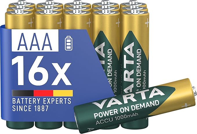 VARTA AAA Akkus wiederaufladbar 16 Stück 1000 mAh Ni-MH vorgeladen sofort einsatzbereit Power on Demand – 5703311316