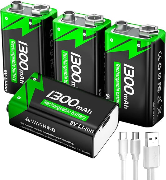Dongguan Hongyan Electronics Co., Ltd. Dongguan Hongyan 9V Akku USB-C 1300mAh wiederaufladbar für Rauchmelder, Mikrofon, Multimeter (4 Stück)