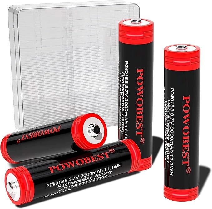 POWOBEST 3,7V 3000mAh NiMH Akku 4er-Pack POWO18B für Taschenlampe, Lüfter, Türklingel mit Batteriekoffer