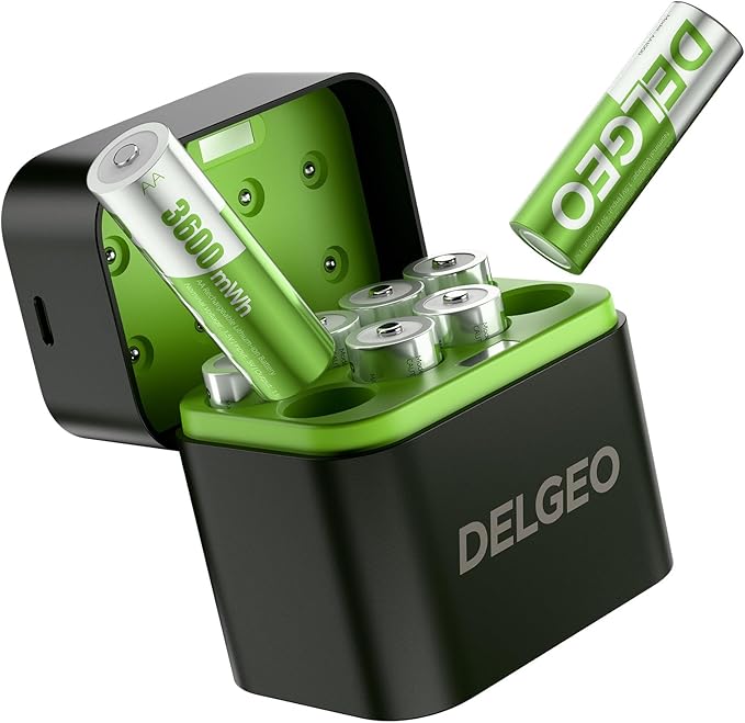 Delgeo 009LDC 8er Pack AA Lithium Akkus mit Ladegerät, 3600mWh, 1.5V, 2000 Ladezyklen, Typ-C Schnellladung