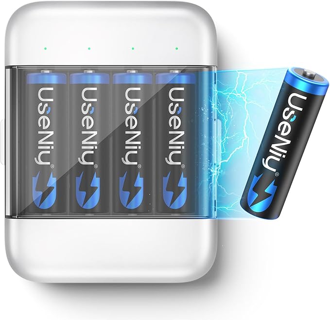 UseNiy AA Lithium Akku 4er Set mit Ladegerät 2024, 3000mWh 1.5V Konstantspannung, Typ-C Ladeanschluss, bis zu 1600 Ladezyklen
