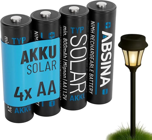 ABSINA 4x AA Solar Akkus wiederaufladbar 800mAh 1.2V NiMH für Solarleuchten mit geringer Selbstentladung