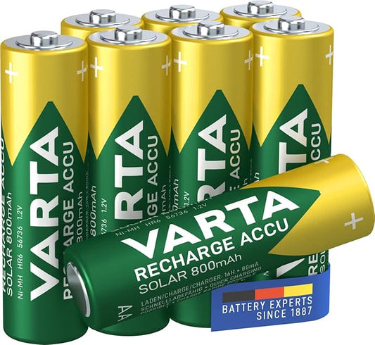 VARTA Recharge Accu Solar AA 800 mAh, 8 Stück, wiederaufladbar, Ni-MH, für Solar-Gartenleuchten, sofort einsatzbereit – 2014
