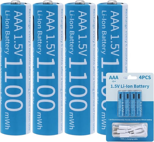 Tosiicop AAA Akku Lithium 1.5V 1100mWh USB-C wiederaufladbar - 4 Stück mit 4-in-1 Ladekabel, 1h Schnellladung, 1500 Zyklen