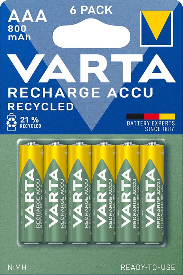 Varta AAA Akkus wiederaufladbar 6er Pack 800 mAh Ni-MH mit 21% recyceltem Material sofort einsatzbereit – 56813101436