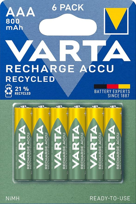 Varta AAA Akkus wiederaufladbar 6er Pack 800 mAh Ni-MH mit 21% recyceltem Material sofort einsatzbereit – 56813101436