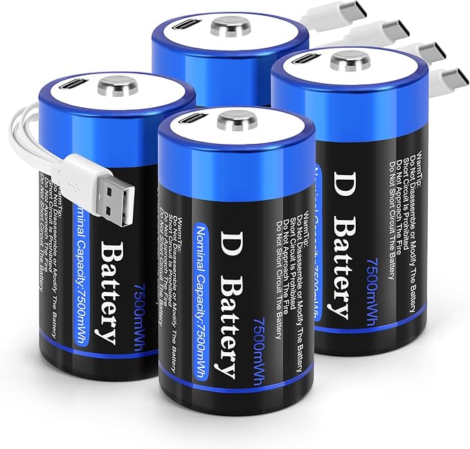 Wowpower USB-C-Akkus 4er-Pack 7500mWh D-Zellen LR20 mit USB-C-Ladekabel für Taschenlampen & Spielzeug